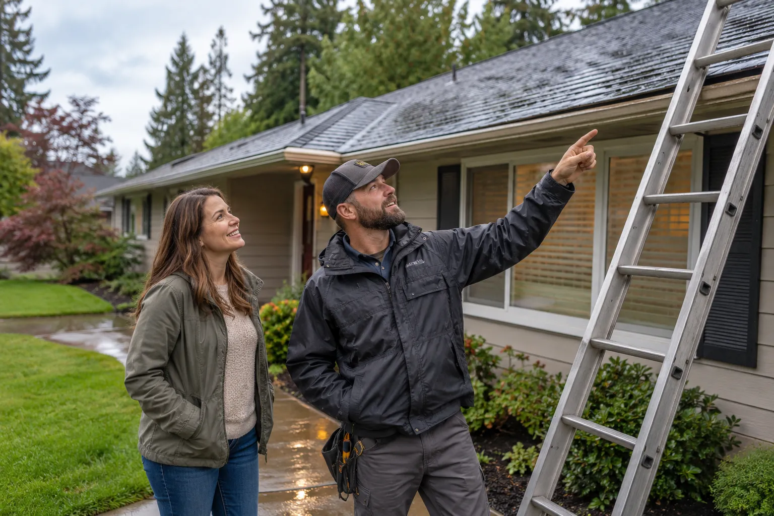 A homeowner and a friendly roofing provider looking up at a house roof in Mentor after a rain