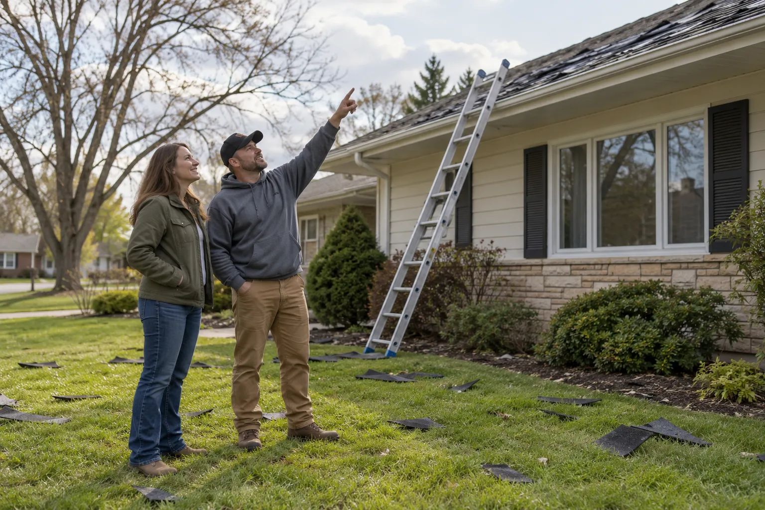 A local homeowner and a roofing provider looking at hail-damaged shingles on a home in Mentor